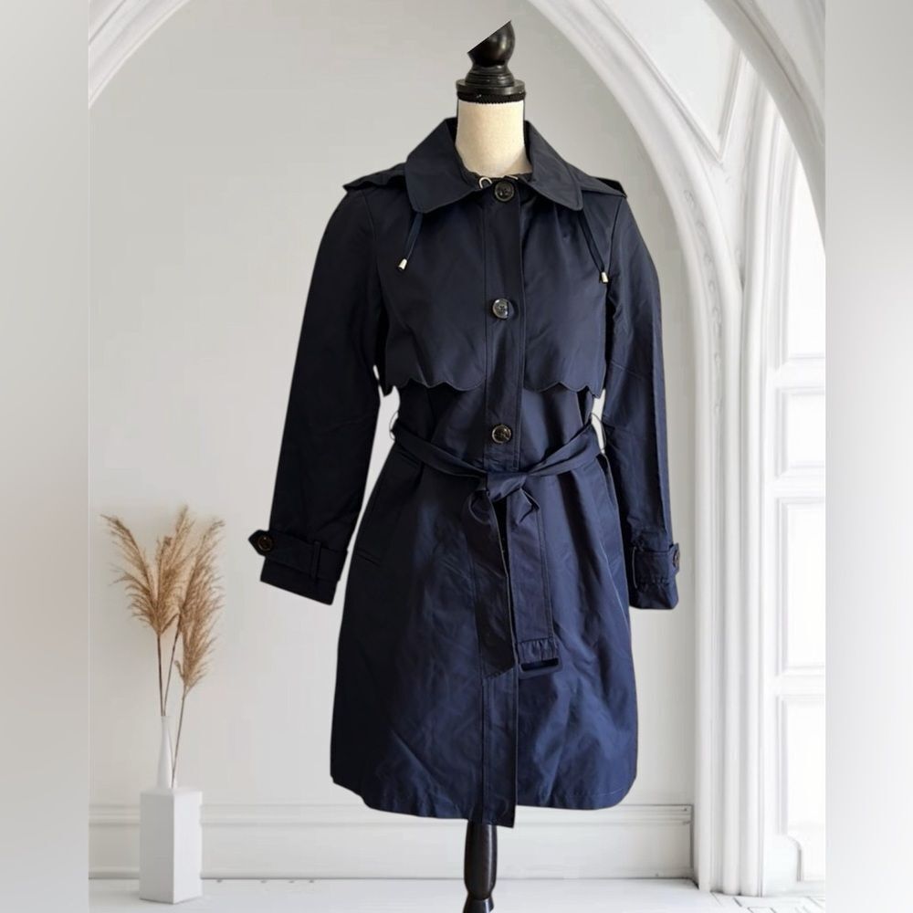Kate Spade Scalloped Hooded Trench Coat Navy Blue Size S - Picture 4 of 16